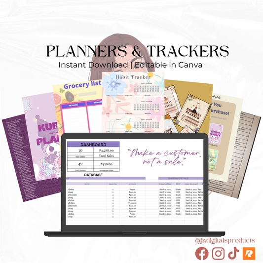 PLANNERS & TRACKERS TEMPLATES BUNDLE (Editable, Reusable, and Resalable)
